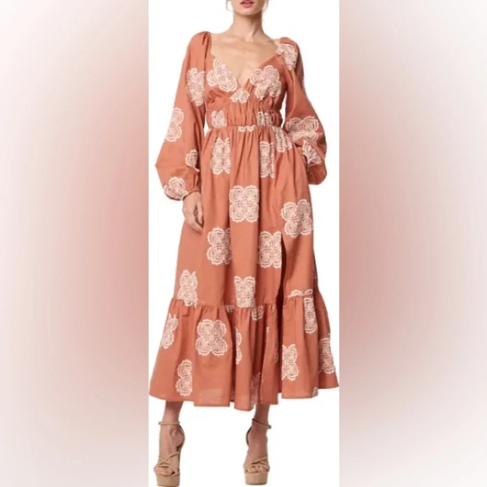 CIEBON Serbita Medallion Embroidery Long Sleeve Cotton & Linen Midi Dress in Jasper at Nordstrom, Size X-Large CIEBON Serbita Medallion Embroidery Long Sleeve Cotton & Linen Midi Dress in Jasper at Nordstrom, Size X-Large